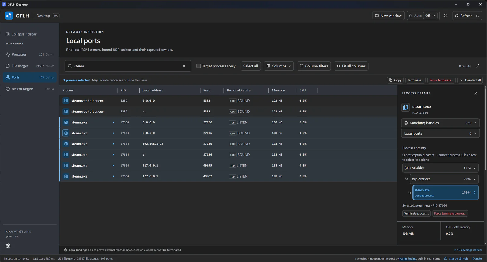 OFLH Desktop Local ports view on Windows, filtered to steam, with TCP listeners, bound UDP sockets, process IDs, addresses, and the selected process's parent tree